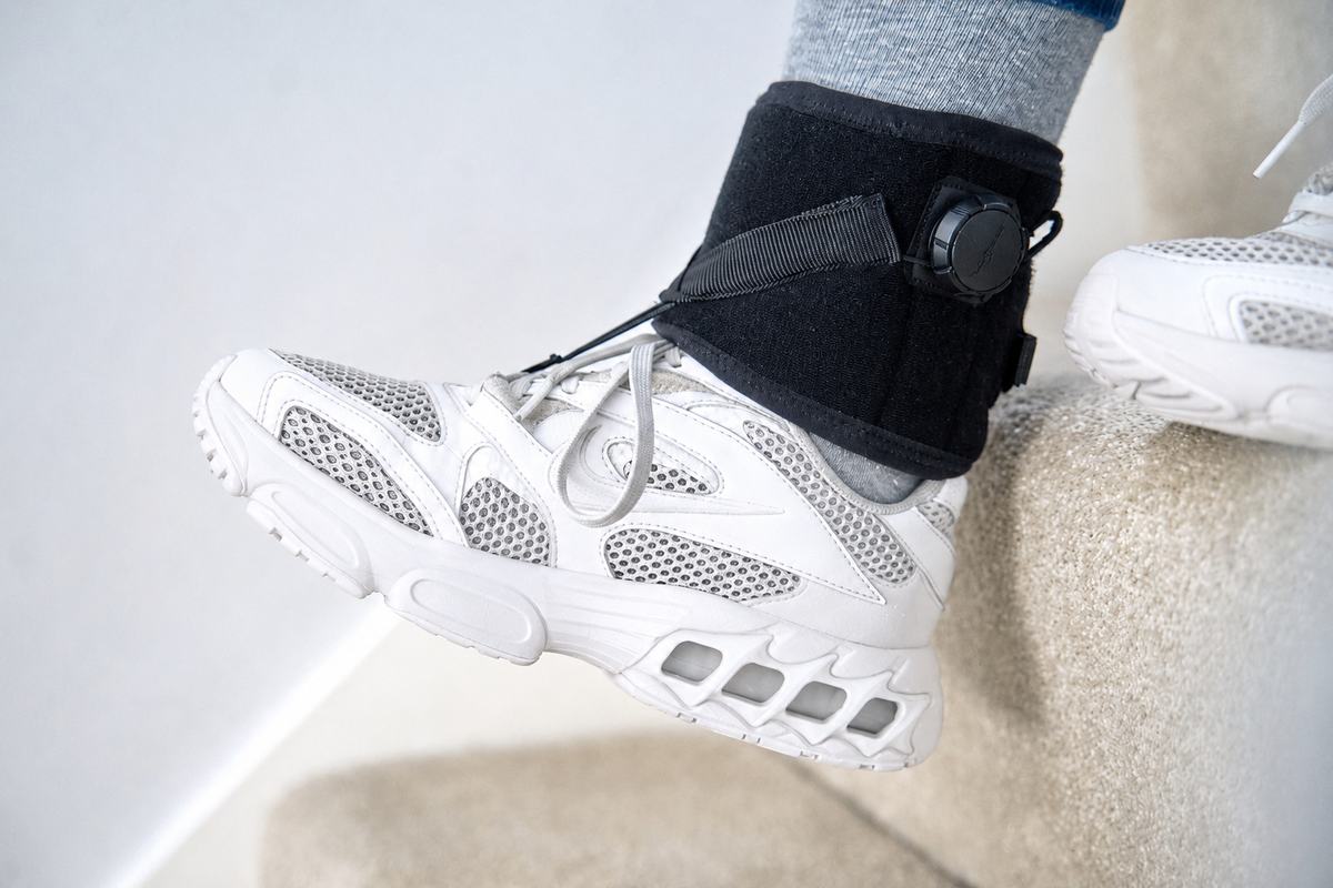 Close-up of the OrthoPed foot drop splint during stair practice