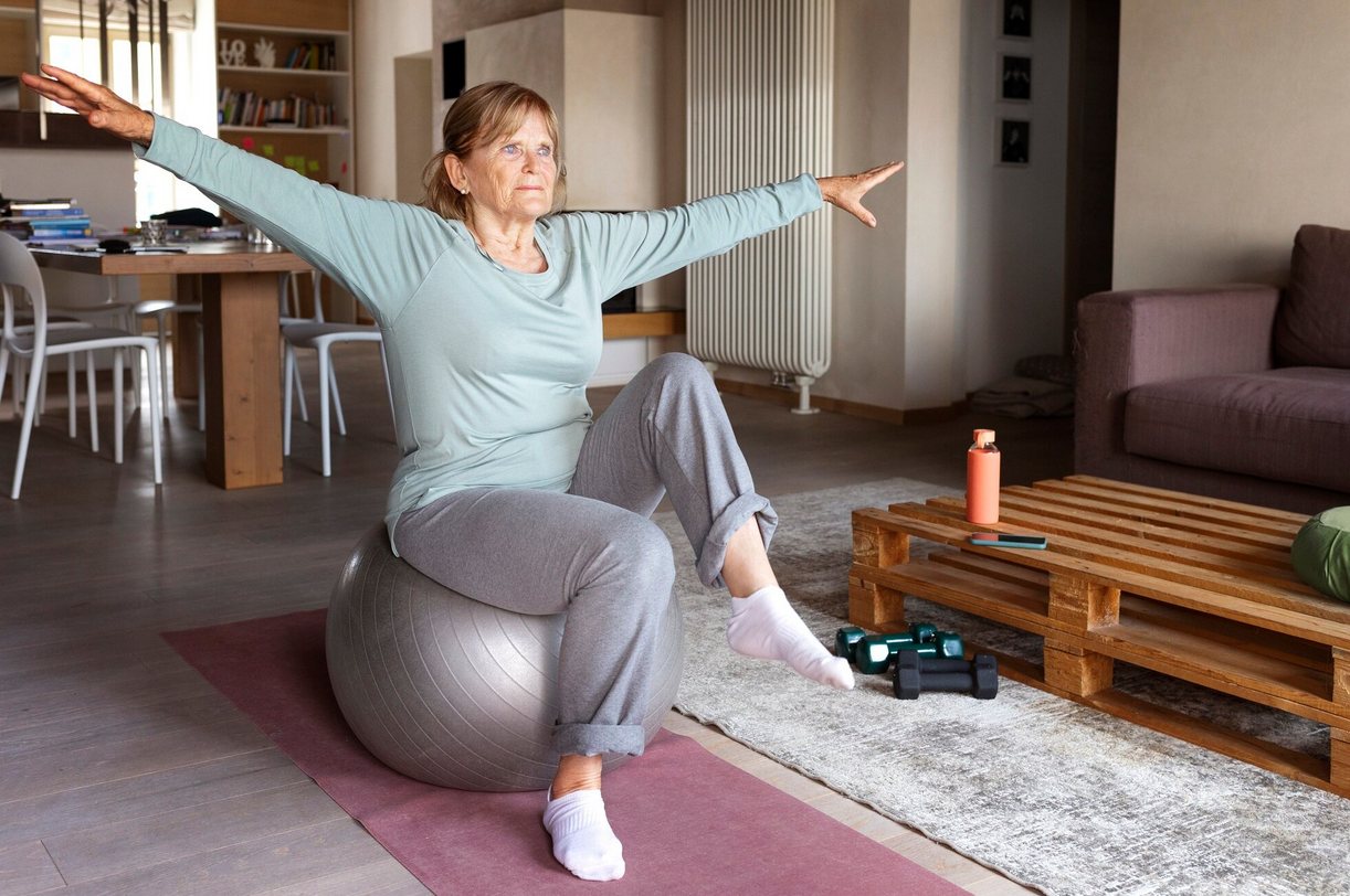 Older adult doing seated rehabilitation exercise at home